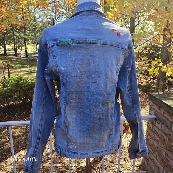 Embellish Soft Stretchy Colorful Blue Distressed Stud Denim Jean Jacket Wmns L - Picture 6 of 11